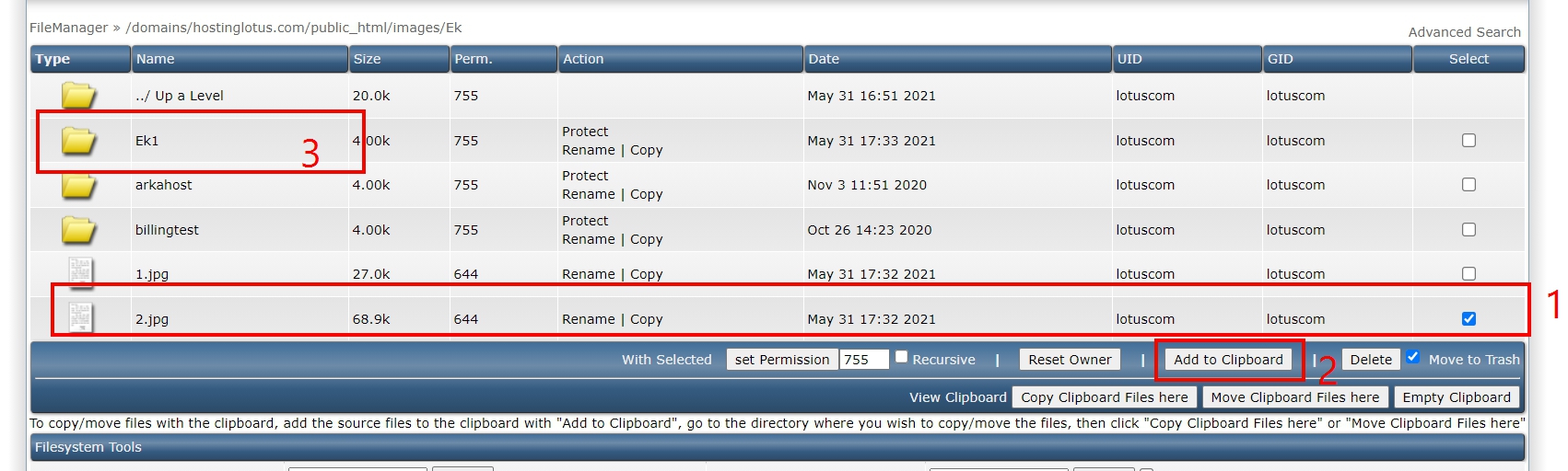 วิธีการย้าย File ด้วย File Manager ใน DirectAdmin Control Panel : 4 select file and add to clipboard
