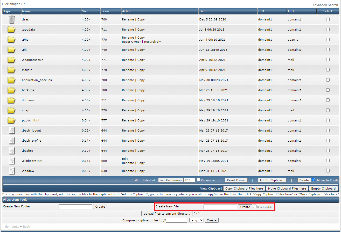 การสร้าง File ด้วย File Manager ใน DirectAdmin : menu create new file in fill file name and click create
