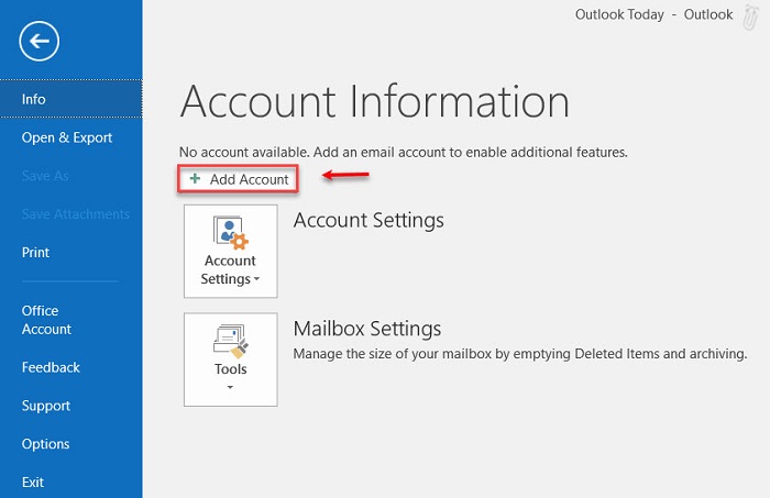 p46 imap mail outlook 2016